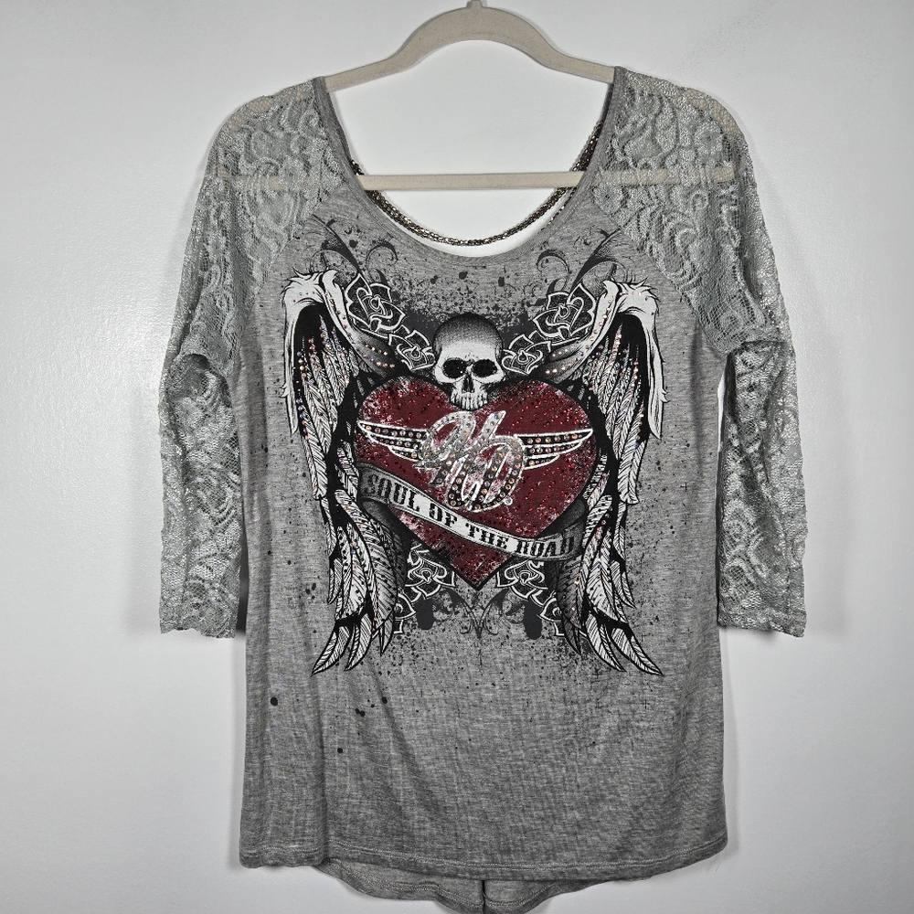 Harley Davidson Soul Of The Road Beaded Lace Rhinestone Skull Angel Heart Top XL